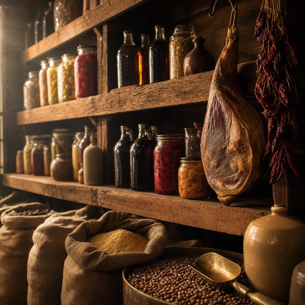 The larder shelf: jars of pickles, sorghum bottles, cured ham hanging, stone-ground cornmeal in cloth sacks