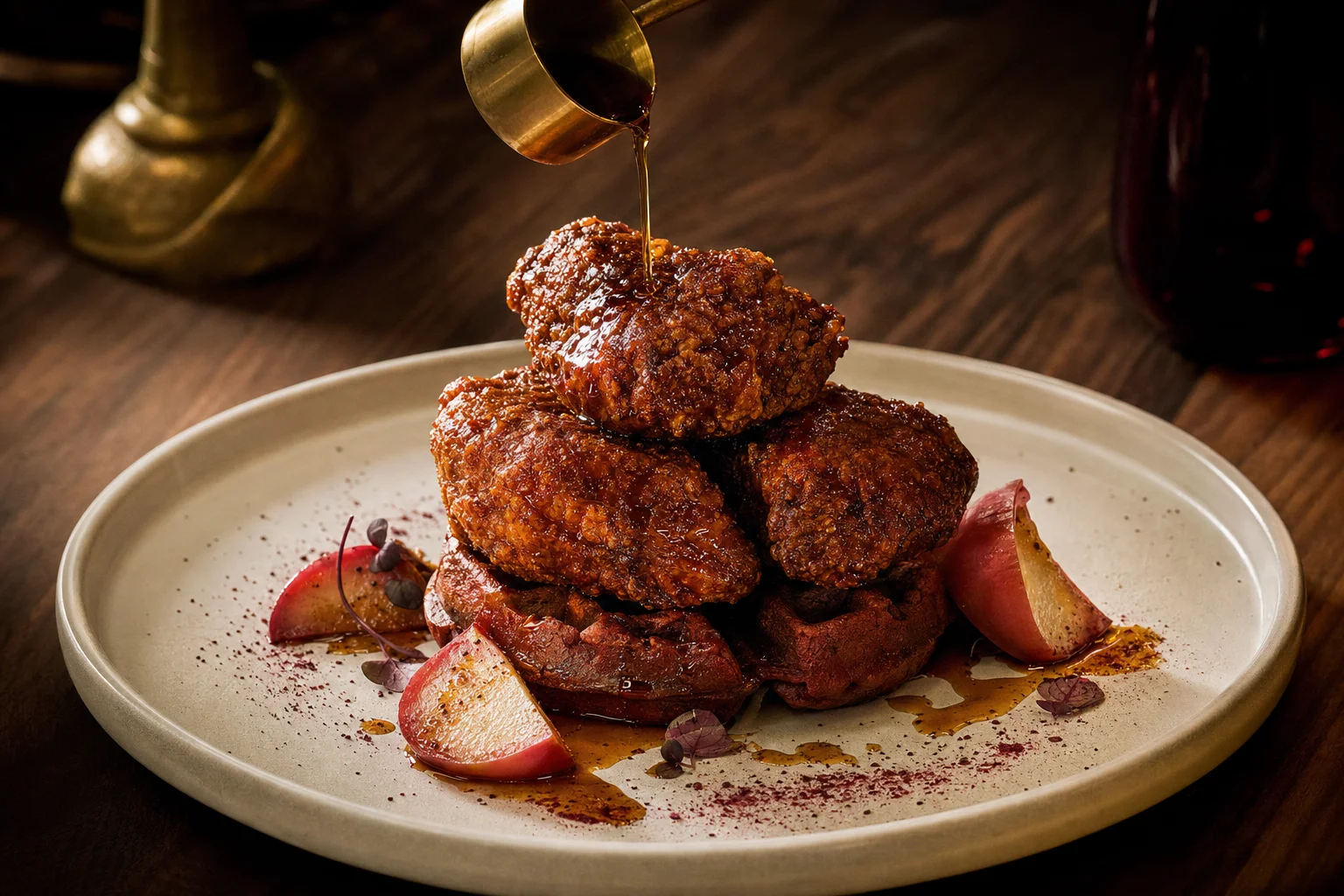 Fried chicken stacked on a thin Jimmy Red corn waffle with sorghum syrup being poured
