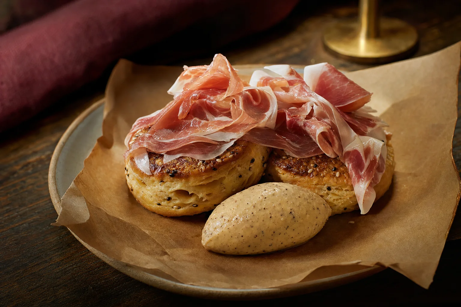 Split benne-seed biscuits with shaved country ham and whipped red-eye butter on butcher paper