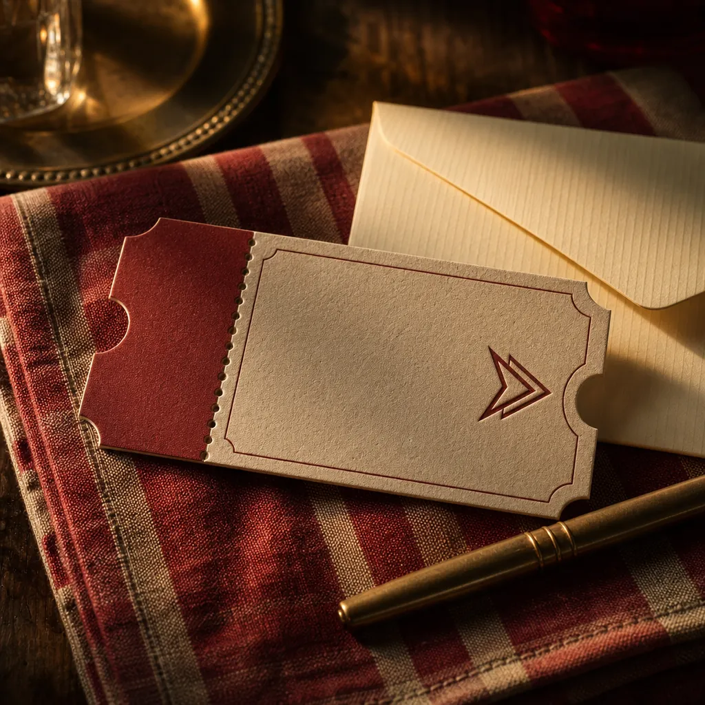 Ticket-stub style gift card in oxblood and cream lying on checked linen