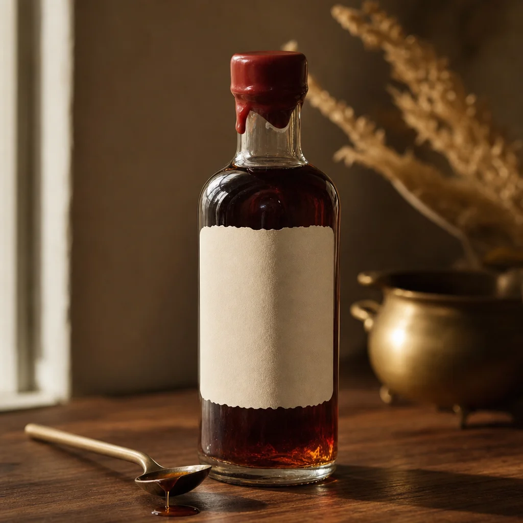Amber sorghum syrup in a glass bottle with a cream label on a walnut counter